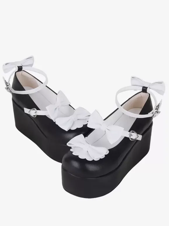 Sweet Lolita Footwear Black Butterfly Two-Tone PU Leather Wedge Heel Lolita Pumps