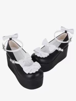 Sweet Lolita Footwear Black Butterfly Two-Tone PU Leather Wedge Heel Lolita Pumps