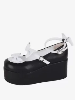 Sweet Lolita Footwear Black Butterfly Two-Tone PU Leather Wedge Heel Lolita Pumps