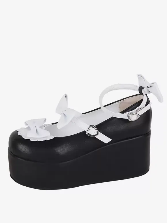 Sweet Lolita Footwear Black Butterfly Two-Tone PU Leather Wedge Heel Lolita Pumps