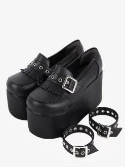 Sweet Lolita Footwear Black Chains Round Toe PU Leather Lolita Pumps