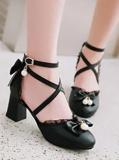 Sweet Lolita Footwear Bow Lace High Heel Leather Lolita Pump Shoes
