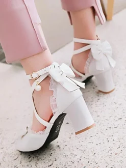 Sweet Lolita Footwear Bow Lace High Heel Leather Lolita Pump Shoes
