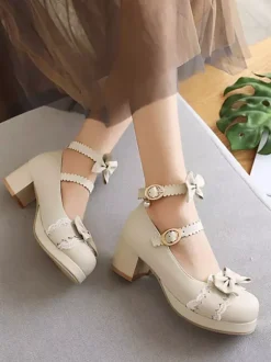 Sweet Lolita Footwear Bows Lace Leather Chunky Heel Lolita Pumps