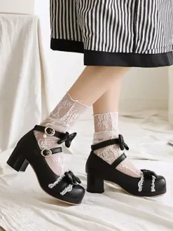 Sweet Lolita Footwear Bows Lace Leather Chunky Heel Lolita Pumps