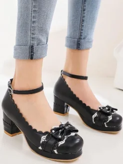 Sweet Lolita Footwear Bows Leather Chunky Heel Lolita Shoes
