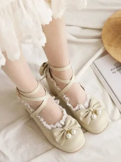 Sweet Lolita Footwear Bows Ruffles Leather Chunky Heel Lolita Pumps