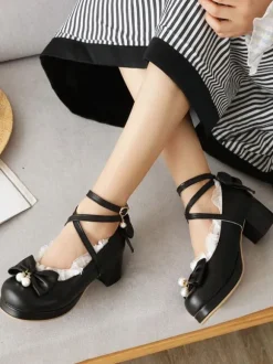 Sweet Lolita Footwear Bows Ruffles Leather Chunky Heel Lolita Pumps