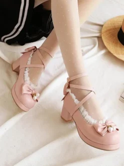Sweet Lolita Footwear Bows Ruffles Leather Chunky Heel Lolita Pumps