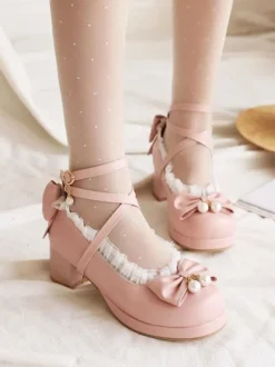 Sweet Lolita Footwear Bows Ruffles Leather Chunky Heel Lolita Pumps