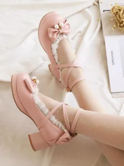 Sweet Lolita Footwear Bows Ruffles Leather Chunky Heel Lolita Pumps