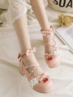 Sweet Lolita Footwear Bows Ruffles Strawberry Round Toe Leather Lolita Shoes