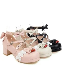 Sweet Lolita Footwear Bows Ruffles Strawberry Round Toe Leather Lolita Shoes