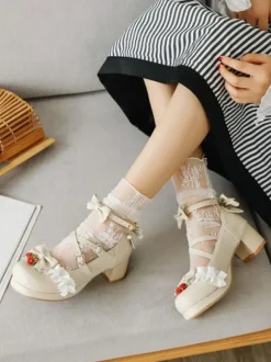 Sweet Lolita Footwear Bows Ruffles Strawberry Round Toe Leather Lolita Shoes