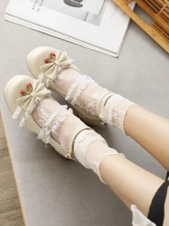 Sweet Lolita Footwear Bows Strawberry Round Toe Leather Lolita Shoes
