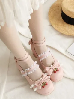 Sweet Lolita Footwear Bows Strawberry Round Toe Leather Lolita Shoes