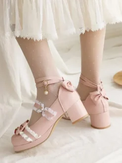 Sweet Lolita Footwear Bows Strawberry Round Toe Leather Lolita Shoes