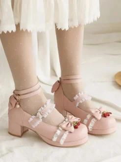 Sweet Lolita Footwear Bows Strawberry Round Toe Leather Lolita Shoes