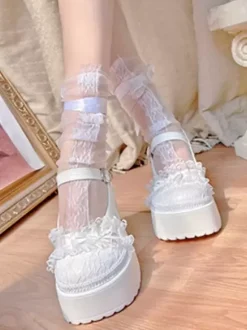 Sweet Lolita Footwear Ecru White Bows Lace PU Leather Chunky Heel Lolita Pumps