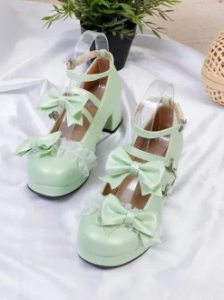 Sweet Lolita Footwear Light Green Bows Round Toe PU Leather Lolita Pumps