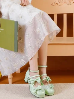 Sweet Lolita Footwear Light Green Bows Round Toe PU Leather Lolita Pumps