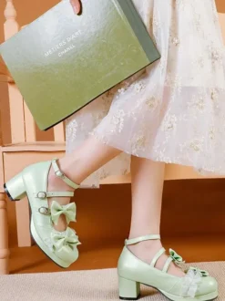Sweet Lolita Footwear Light Green Bows Round Toe PU Leather Lolita Pumps