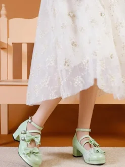 Sweet Lolita Footwear Light Green Bows Round Toe PU Leather Lolita Pumps