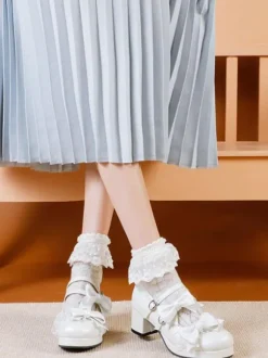 Sweet Lolita Footwear Light Green Bows Round Toe PU Leather Lolita Pumps