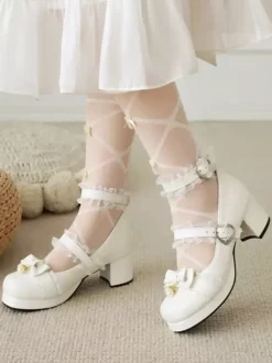 Sweet Lolita Footwear Pink Bows Round Toe PU Leather Lolita Pumps