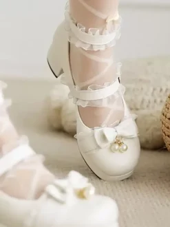 Sweet Lolita Footwear Pink Bows Round Toe PU Leather Lolita Pumps