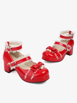 Sweet Lolita Footwear Pink Bows Round Toe PU Leather Lolita Pumps