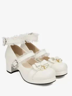 Sweet Lolita Footwear Pink Bows Round Toe PU Leather Lolita Pumps