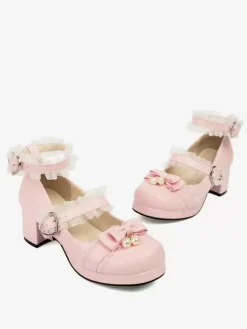 Sweet Lolita Footwear Pink Bows Round Toe PU Leather Lolita Pumps