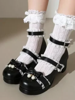 Sweet Lolita Footwear Pink Bows Round Toe PU Leather Lolita Pumps