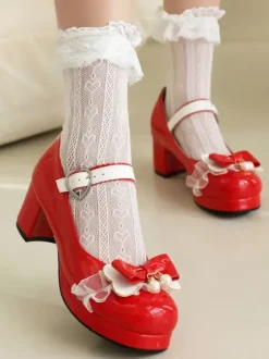 Sweet Lolita Footwear Pink Bows PU Leather Chunky Heel Lolita Pumps
