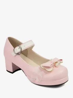 Sweet Lolita Footwear Pink Bows PU Leather Chunky Heel Lolita Pumps