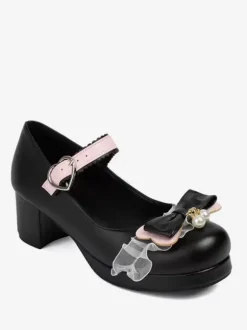 Sweet Lolita Footwear Pink Bows PU Leather Chunky Heel Lolita Pumps