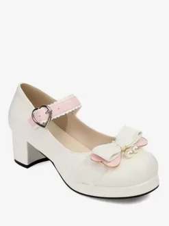Sweet Lolita Footwear Pink Bows PU Leather Chunky Heel Lolita Pumps