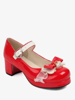 Sweet Lolita Footwear Pink Bows PU Leather Chunky Heel Lolita Pumps