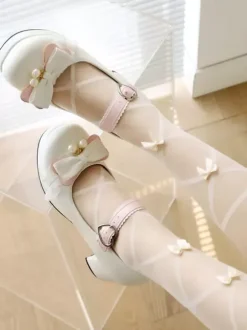 Sweet Lolita Footwear Pink Bows PU Leather Chunky Heel Lolita Pumps