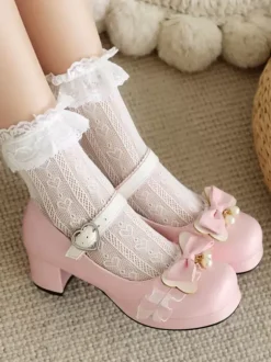 Sweet Lolita Footwear Pink Bows PU Leather Chunky Heel Lolita Pumps