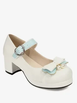 Sweet Lolita Footwear Pink Bows PU Leather Chunky Heel Lolita Pumps