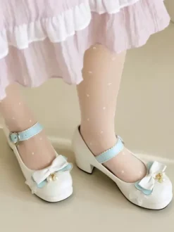Sweet Lolita Footwear Pink Bows PU Leather Chunky Heel Lolita Pumps