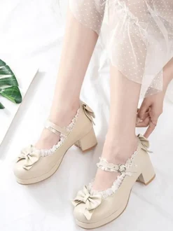 Sweet Lolita Footwear Pink Bows Leather Chunky Heel Lolita Pumps