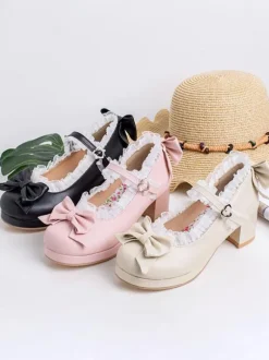 Sweet Lolita Footwear Pink Bows Leather Chunky Heel Lolita Pumps