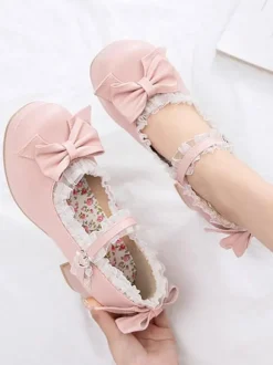 Sweet Lolita Footwear Pink Bows Leather Chunky Heel Lolita Pumps