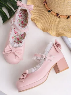 Sweet Lolita Footwear Pink Bows Leather Chunky Heel Lolita Pumps