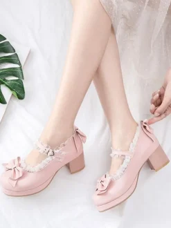 Sweet Lolita Footwear Pink Bows Leather Chunky Heel Lolita Pumps