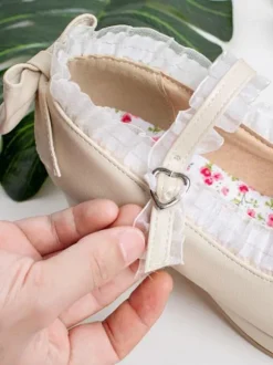 Sweet Lolita Footwear Pink Bows Leather Chunky Heel Lolita Pumps