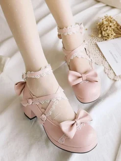 Sweet Lolita Footwear Pink Bow Ruffles Round Toe Leather Lolita Shoes